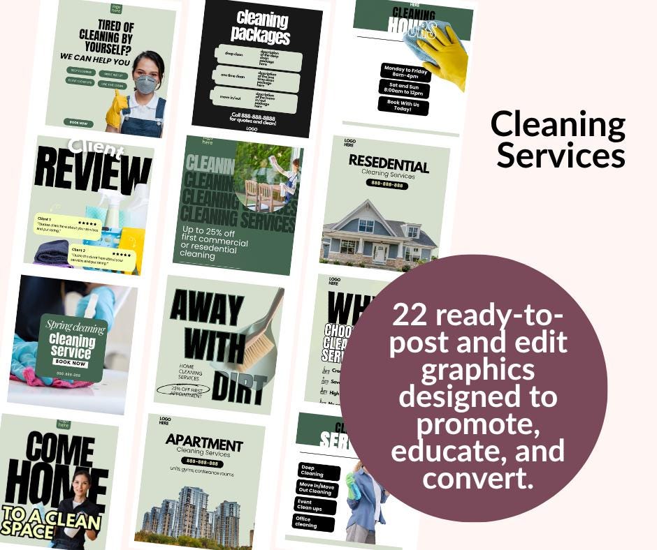 22 Cleaning Business Canva Templates – Editable Social Media Graphics (Digital Download)