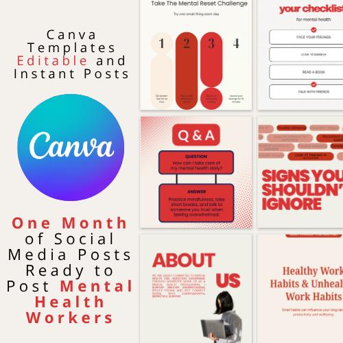 30-Day Mental Health Social Media Templates for Therapists (Canva Editable)