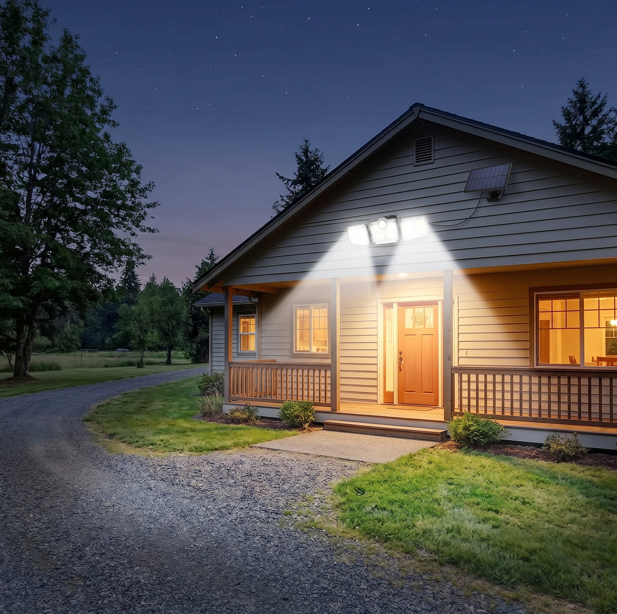 Solar Motion Sensor Porch Light — Triple Head, 122 LED, Auto On/Off